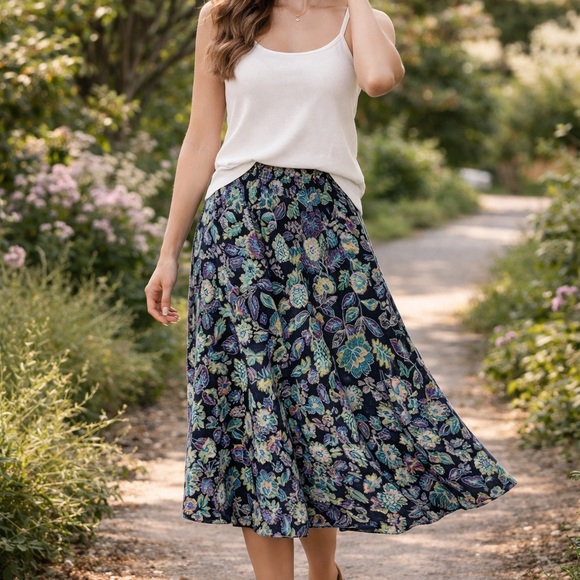 Norton McNaughton Dresses & Skirts - Dark Floral Rayon Midi Skirt |Flowy A-Line Norton McNaughton (Y2K Cottagecore)